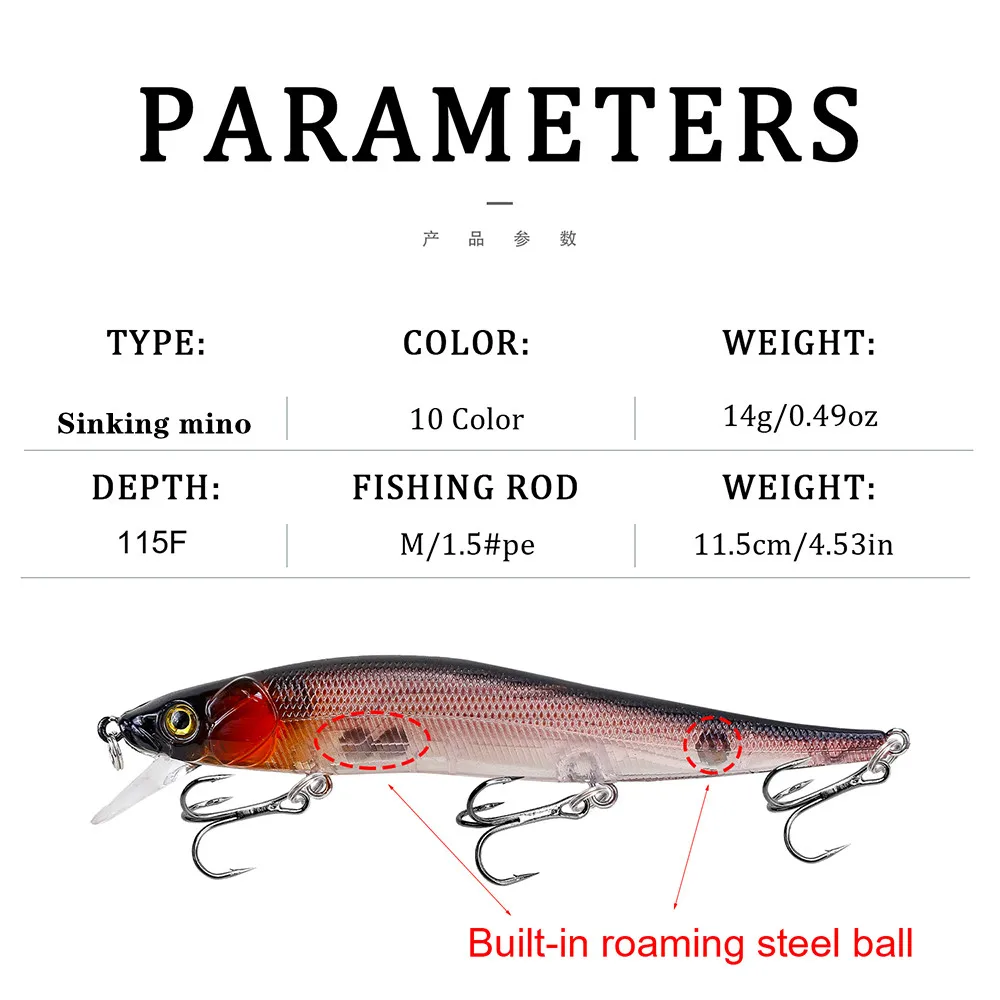 1 Uds señuelo de Pesca 115mm/14g Minnow Crankbait Wobblers ojos 3D perca cebo Artificial Lucio carpa cebo de natación Pesca