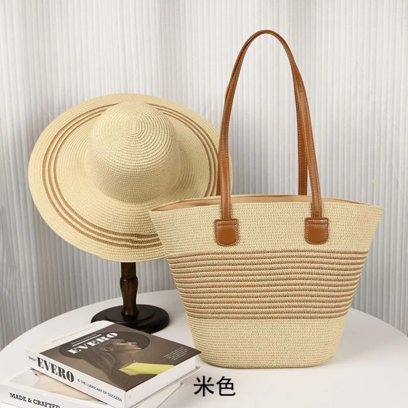 Set di borse e cappelli in paglia di grande capacità più venduto, borsa tote da esterno, cappello da sole alla moda