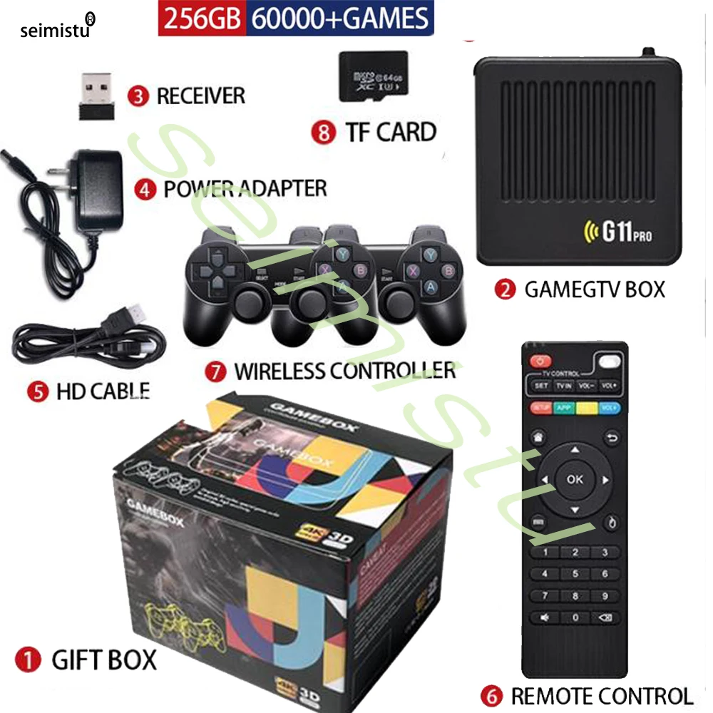 Arcade-Spielbox G11 Pro Game Box TV 256G in 60000+ Retro-Spiele 4K HD Videospielkonsole 2,4G Wireless Gamepad für PS1/GBA