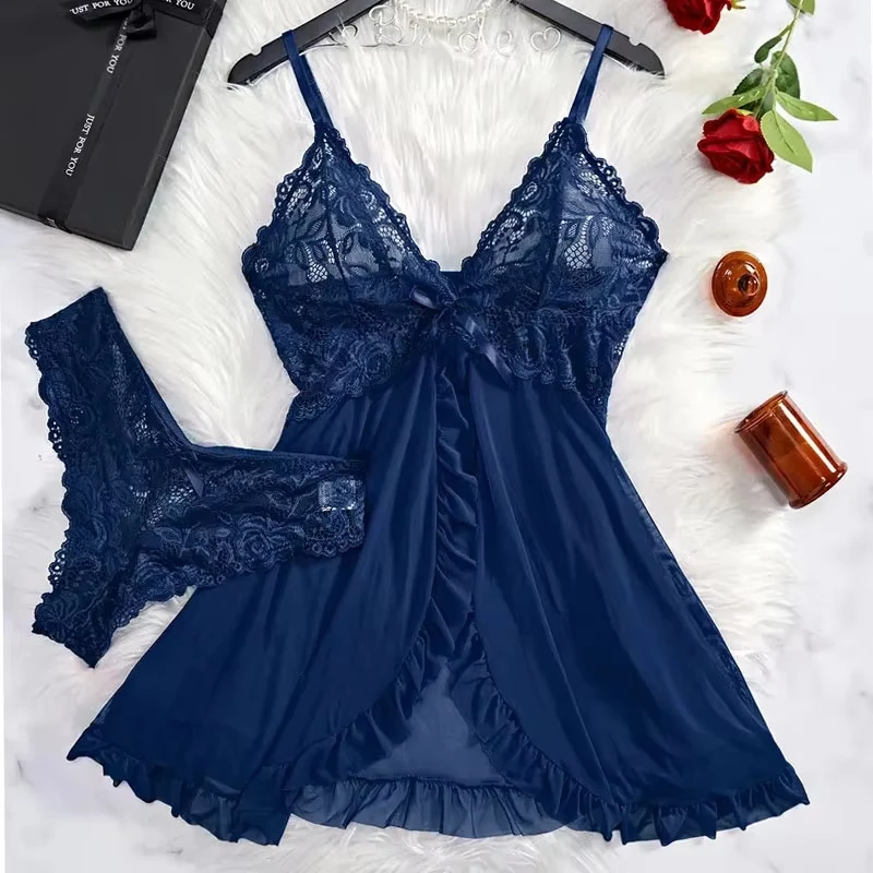 Lencería Sexy roja transparente, ropa interior para mujer, ropa de dormir transparente, camisón de encaje y bragas, conjuntos de Pijamas, camisón Sexy para mujer