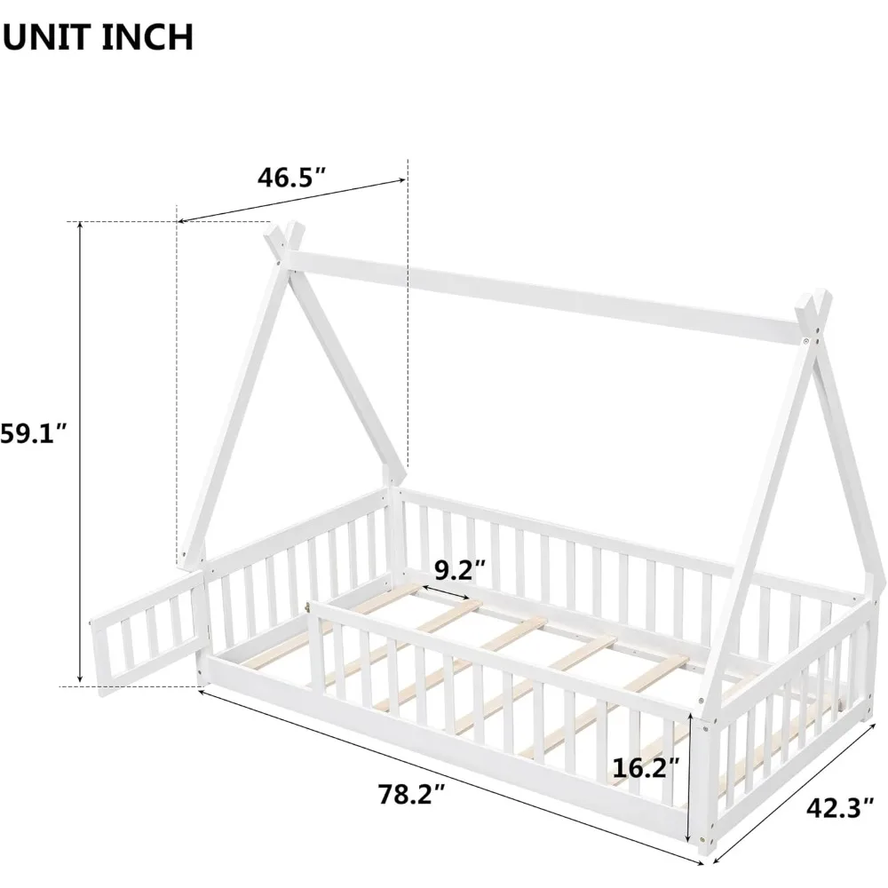Twin Floor Bed for Kids Tent-Shaped Montessori Floor Bed with Slats and Guardrails Twin Size Wood Teepee Bed Frame with Fence