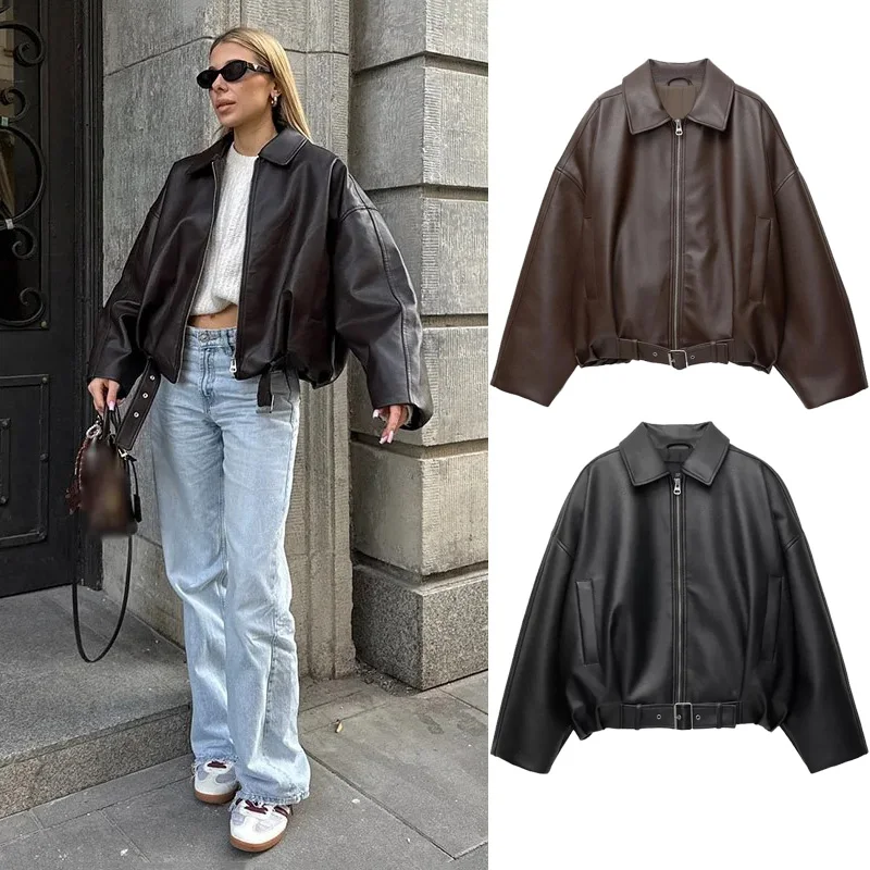 Vintage couro do plutônio bombardeiro jaquetas 2025 outono novas senhoras zíper lapela manga longa bolso casaco com cinto feminino solto streetwear