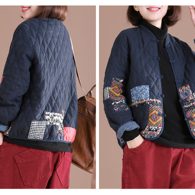 Casacos de algodão de manga comprida, jaqueta acolchoada vintage, casacos de patchwork, tamanho grande, outono e inverno
