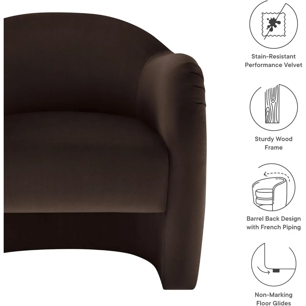 Compose Barrel Chair with Performance Velvet Fabric in Chocolate Brown – Upholstered Accent Armchair with Curved Backrest – Coz