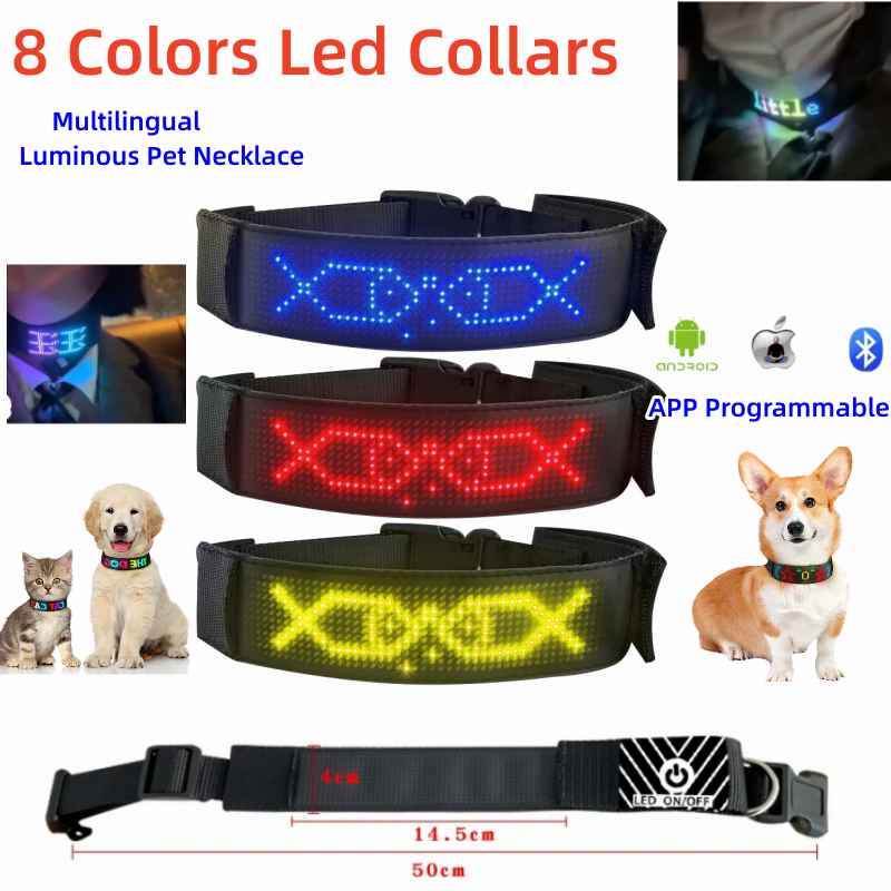 Collares LED multicolores para perros, desplazamiento multilingüe programable, textos personalizados, animaciones, collar brillante recargable para mascotas