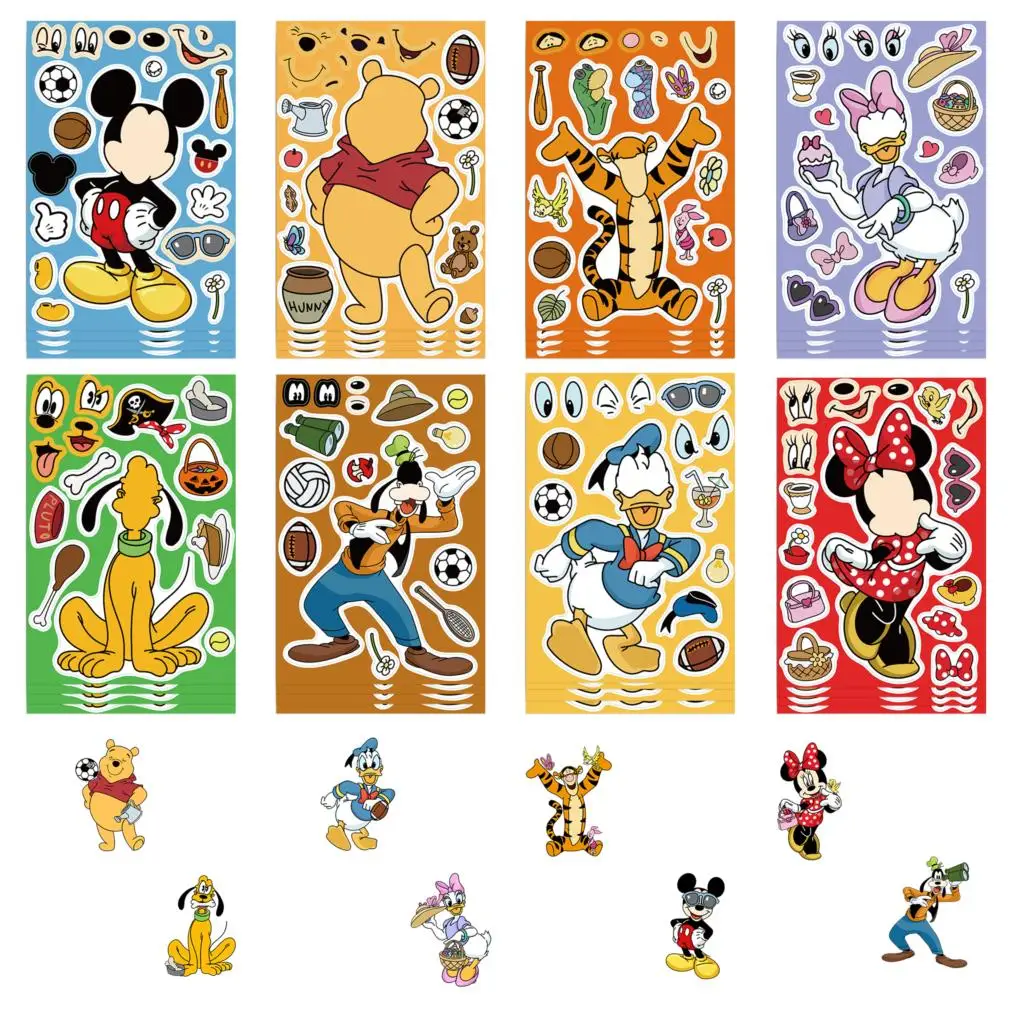 32 fogli adesivo puzzle fai da te per bambini Winnie Mickey personaggio faccia assemblare adesivi giocattoli per bambini ragazzi ragazze regali