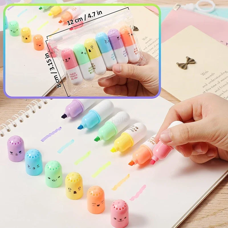 6 ชิ้น Kawaii Mini Pills Highlighter ชุดปากกาน่ารักตลกยิ้ม Face Fluorescent Marker ปากกาสํานักงานโรงเรียน Art เครื่องเขียน Supplie