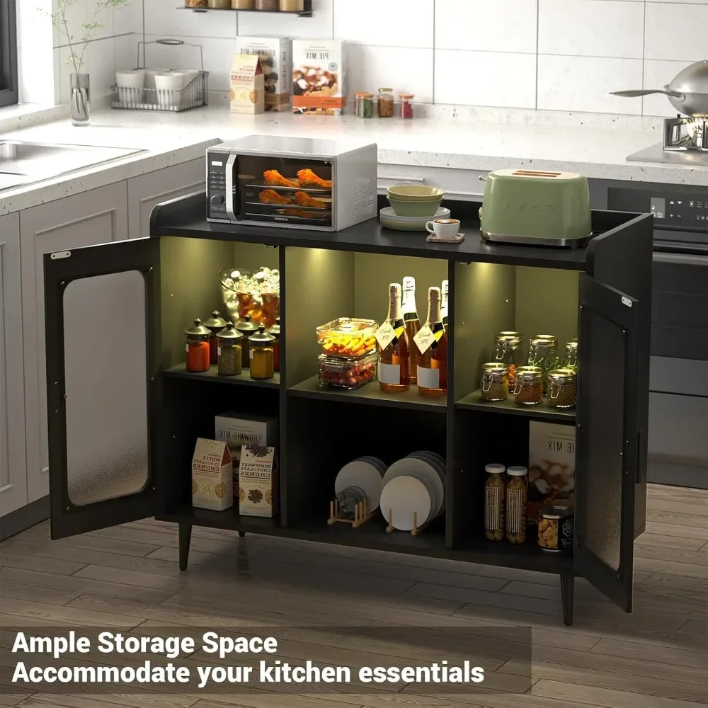 Bar Cabinet with Power Outlet, Liquor Cabinet Bar with LED Light and Glass Holder, Home Coffee Bar Cabinet, Buffet Sideboard