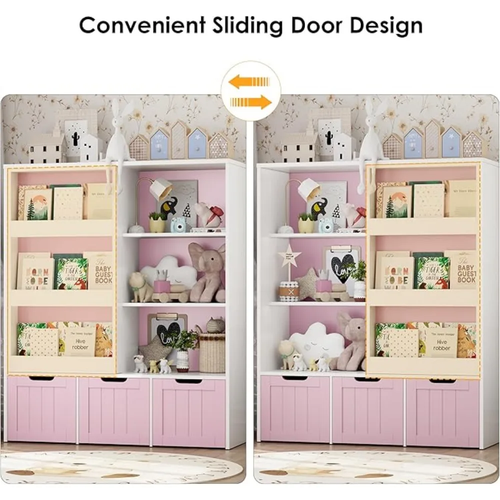 Toy Storage Organizer with Sliding Book Shelf, Toy Organizers and Storage, Playroom Organization and Storage Kids Bookshelf