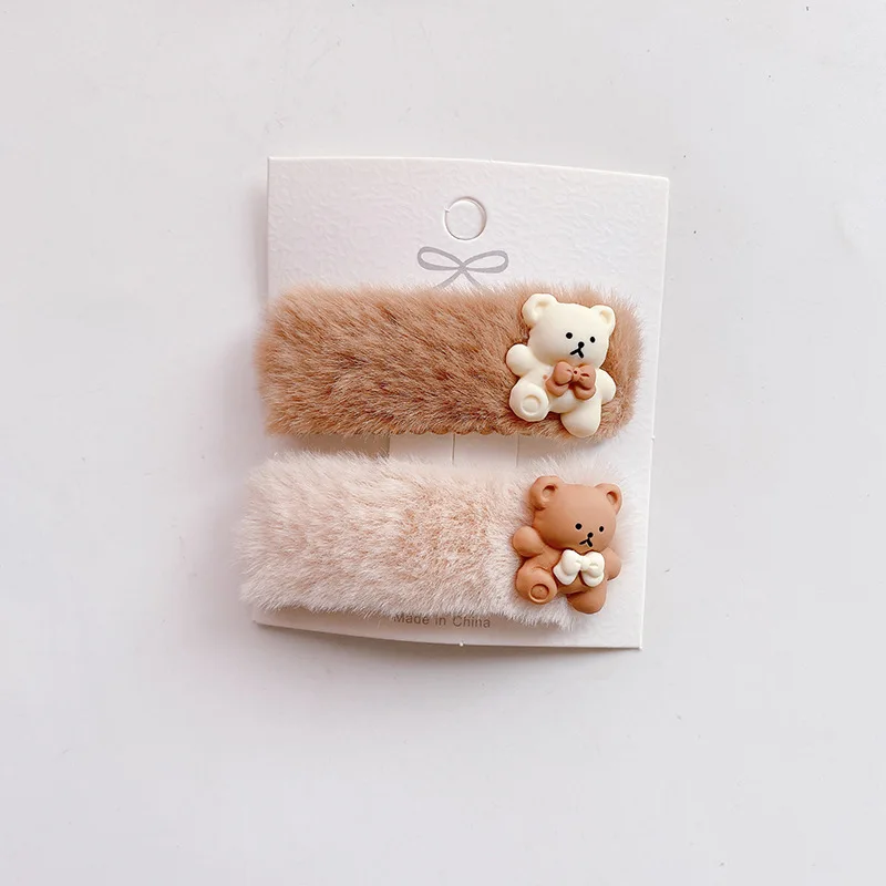 2 unids/set de diademas de estilo coreano para niña, pinzas para el cabello Kawaii de lana de oso y estrella para invierno, diademas para niños, diademas cálidas para niños