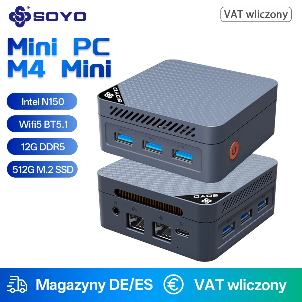 SOYO Mini PC M4 Mini Intel Twin Lake-N150 CPU 12GB DDR5 4800MHz M.2 2242 512GB SSD WiFi5.0 BT5.1 USB3.2 Type-C draagbare computer