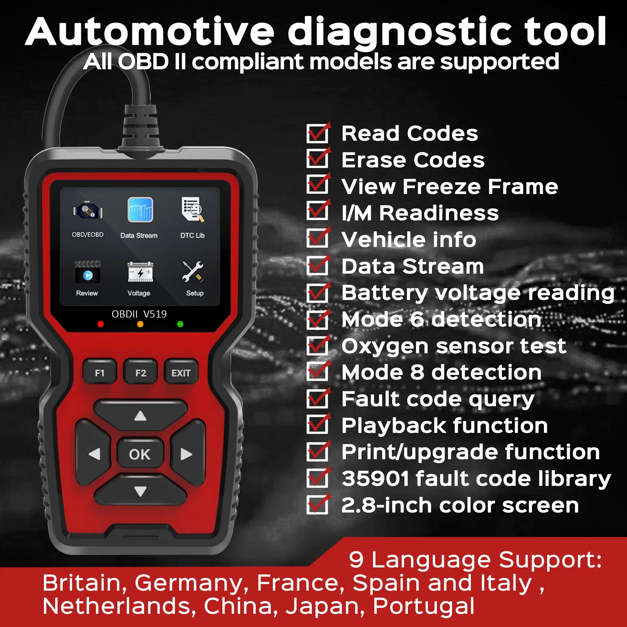 OBD2-scanner Live Data Professionele monteur OBDII diagnostische codelezertool voor controlemotorlicht