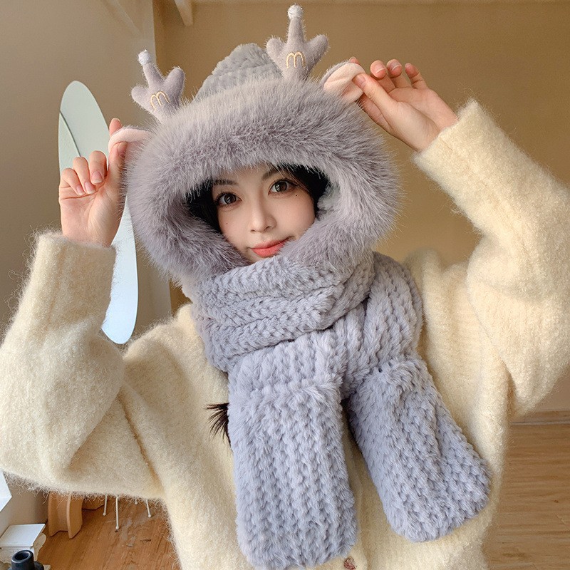 Fashion Elk Antlers Plush Hat Scarf Gloves Women's Winter Ear Protector Thickened Lei Feng Hat Cycling Ski Cap Wind Proof