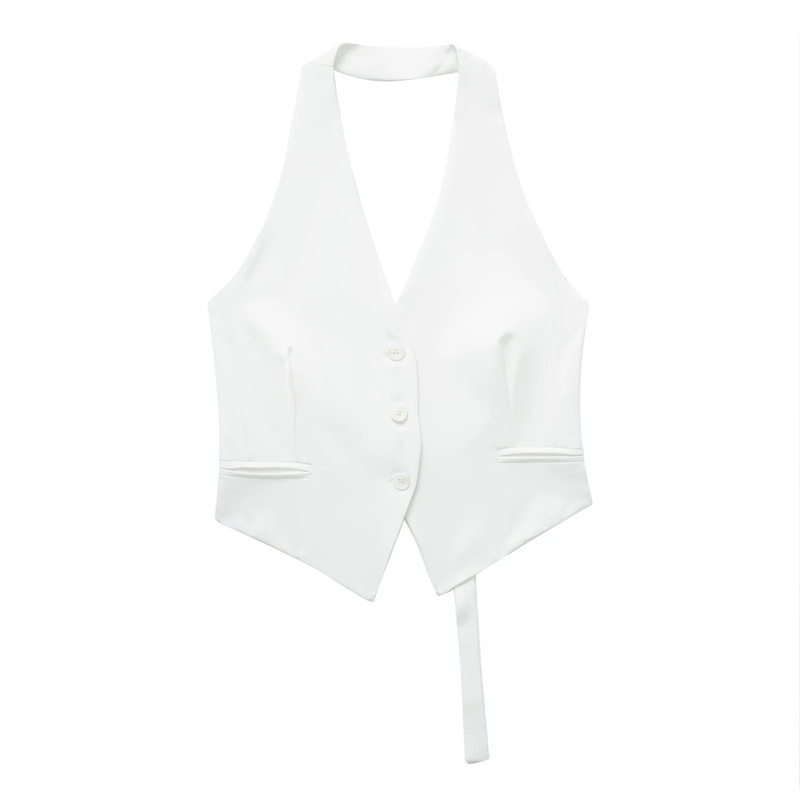 MUJER Schulterfreie ärmellose Weste für Damen, Schwarz, Weiß, abgeschnittene Weste, Damenmode, rückenfrei, V-Ausschnitt, kurze Mäntel, Sommerweste