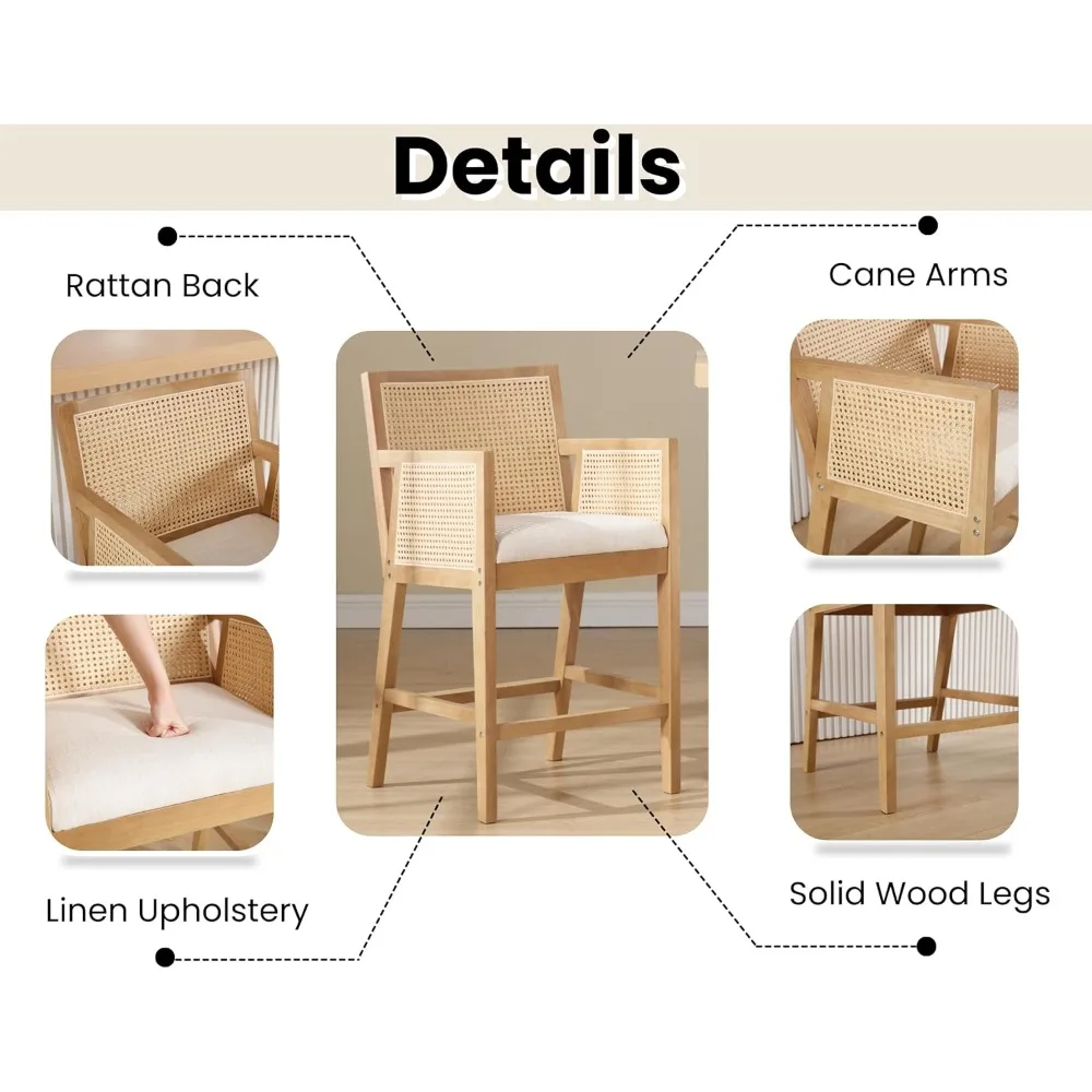 Rattan Bar Stools Set of 2 Modern Farmhouse Counter Height Barstools with Back and Arms Mid Century Natural Wood Counter Stools