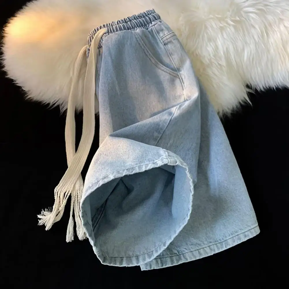Elastic Waist Denim Trousers Men's Elastic Drawstring Denim Shorts with Pockets Casual Summer Beach Shorts Quick-drying for Men