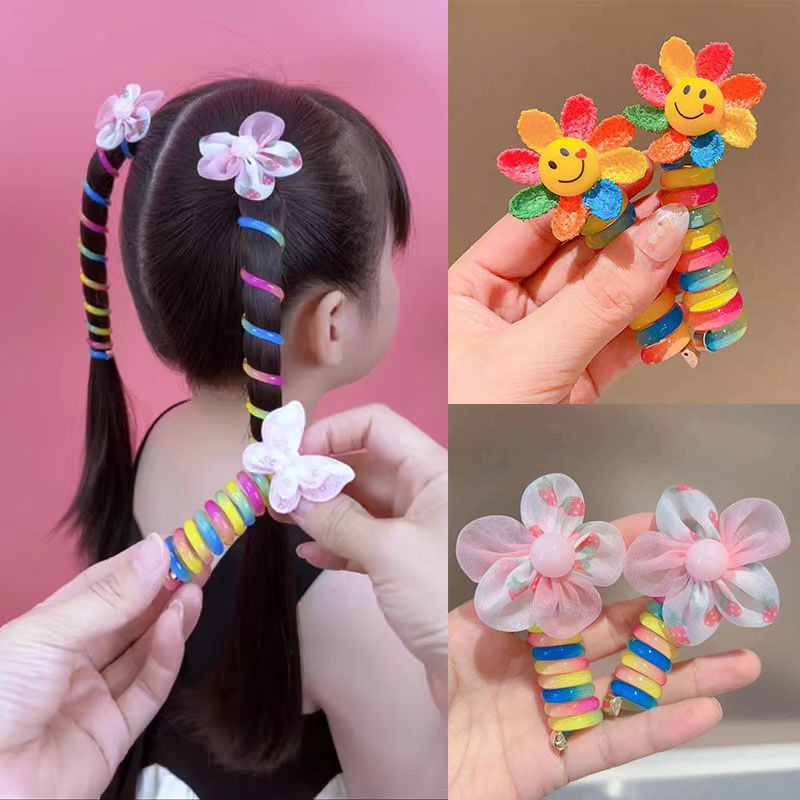 2ชิ้นยางรัดผมสำหรับเด็กผู้หญิงที่มัดผมด้วยสายโทรศัพท์สำหรับเด็กเครื่องประดับผมผมแบบขดเกลียวเชือกผมหางม้า