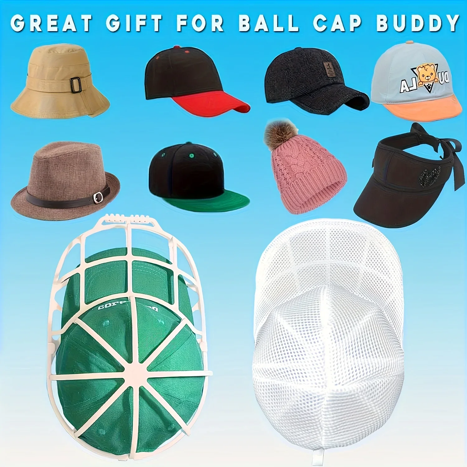 Gabbia per pulire i cappelli per lavatrice, pulitore per cappelli con sacchetto a rete, detergente per cappelli per berretto da baseball