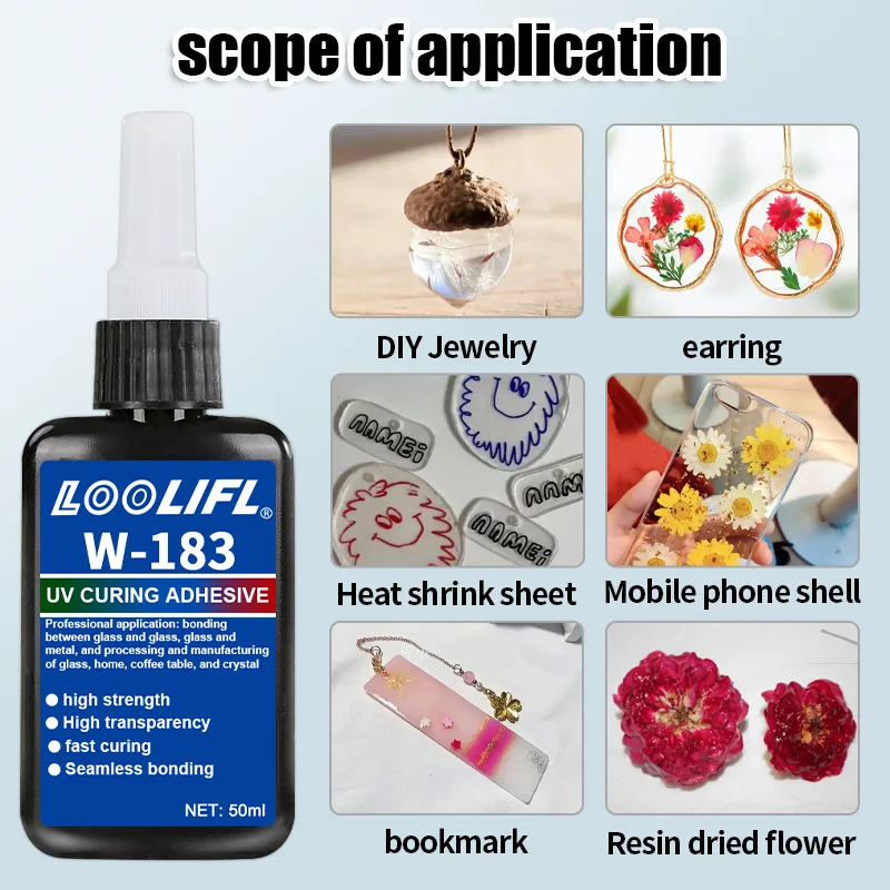 LOOLIFL ใหม่ W-183 Strong 50ml UV กาวบ่มกาว UV Curing แก้วคริสตัลและโลหะ ABS Bonding เชื่อม UV curing โคมไฟ