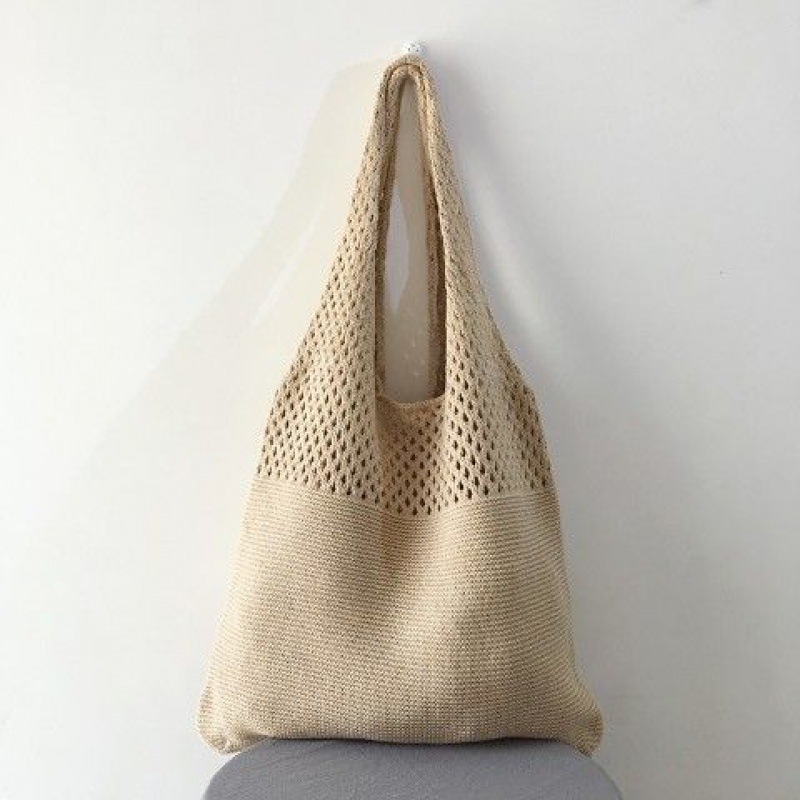 Neue Trend frauen Tasche Häkeln Handtasche Retro Gestrickte Geflecht Einfarbig Hohl Schwarz Khaki Top-griff Einkaufstasche shopper