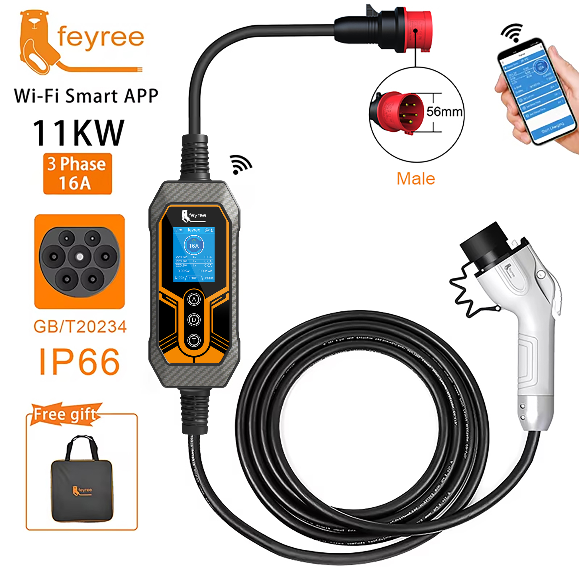 Feyree GB/T cargador EV portátil 32A 7KW aplicación monofásica versión Bluetooth EVSE 11KW 16A Cable trifásico 5m enchufe CEE para vehículo eléctrico