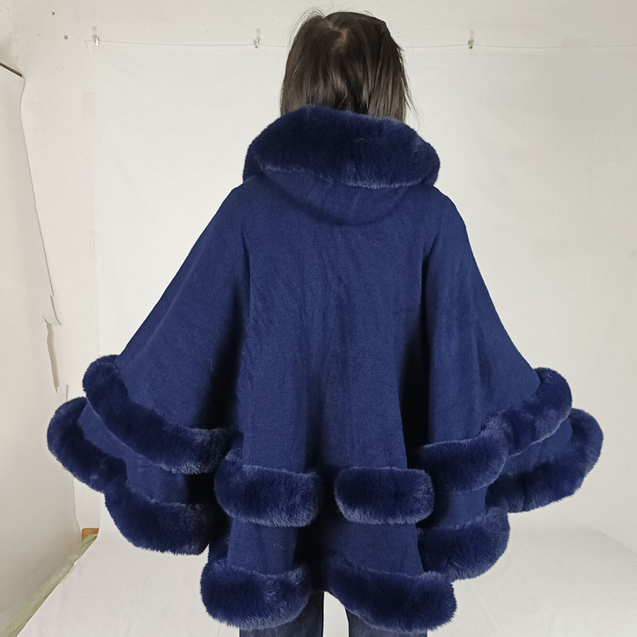 Capa de piel de conejo Rex de imitación de lujo de doble capa, chal con capucha, Poncho de punto para mujer, abrigo de piel sintética grande
