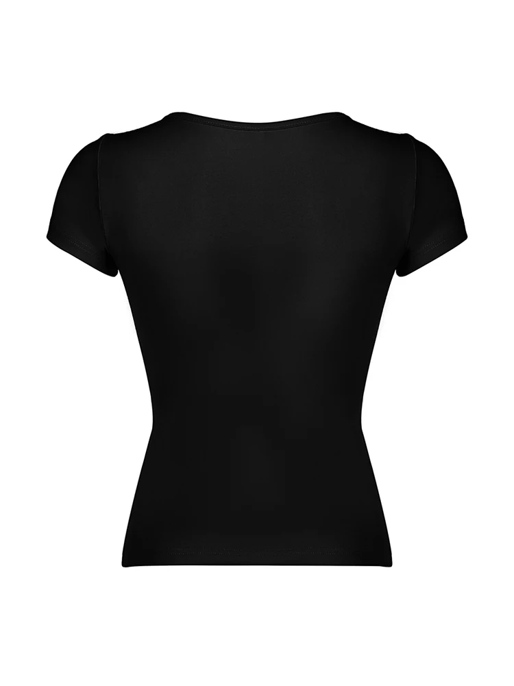 日本のかわいいコントラストレースネクタイボウスクエアカラースリム半袖黒 Tシャツ女性ピンク甘いバレエコアかわいい Tシャツ