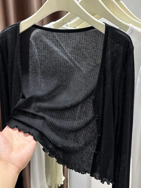 Cardigan F Plus Size de Seda Gelada Fina com Proteção Solar, Manga Curta, Estilo Outwear com Borda Efeito Madeira para...
