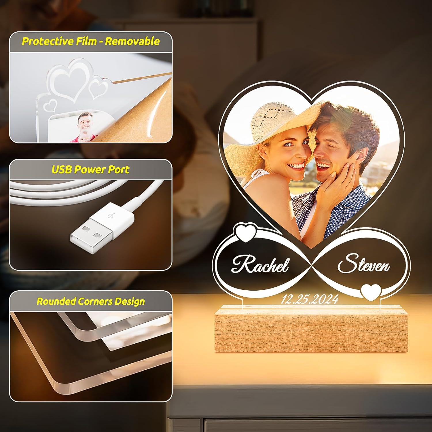 Personalized Custom Photo Text 3D Acrylic Lamp Customized Bedroom Night Light Valentine's Day Wedding Anniversary Birthday Gifts