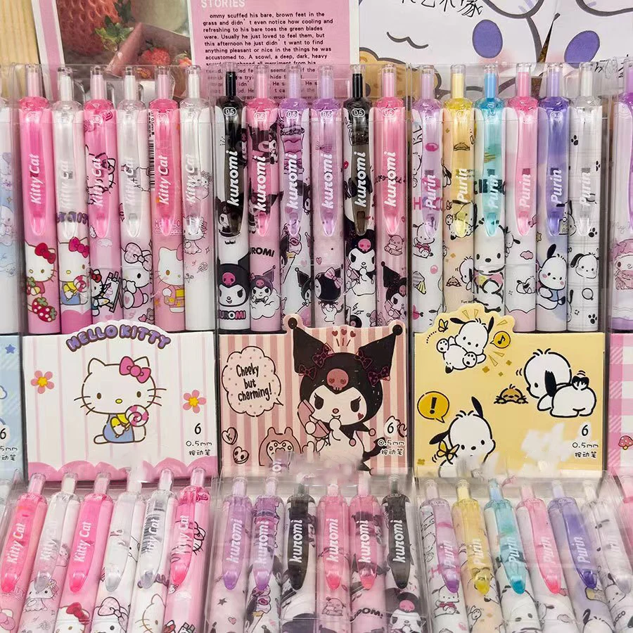 Sanrio hello kitty kuromi 6 peças caneta gel 0.5mm secagem rápida desenho animado material escolar estudante kawaii y2k conjunto de presente cinnamo