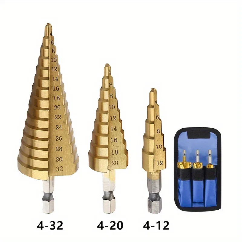 3pcs Step Drill Set Metal Woodworking Reamer Step Drill Bit Titanium Coated Wood Metal Hole Cutter Core Cone Drilling Tools Set