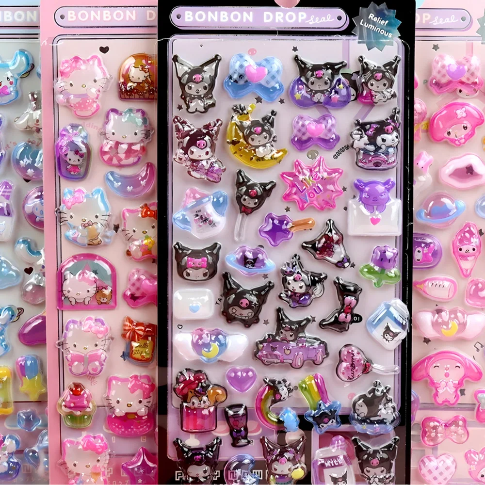 Pegatinas luminosas y bonitas Sanrio en relieve 3D, chicas Kawaii Kuromi Cinnamoroll My Melody, calcomanías de cristal, paquetes de pegatinas de decoración para niños