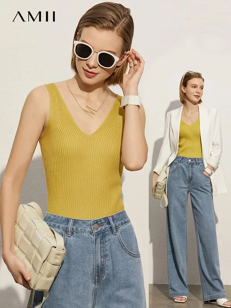 Amii Sự Tối Giản Mùa Hè Mới Nữ Yếm Áo Công Sở Chắc Chắn Vneck Gợi Cảm Ôm Áo Vest Nữ Xe Tăng Dạo Phố Cao Cấp 12321058