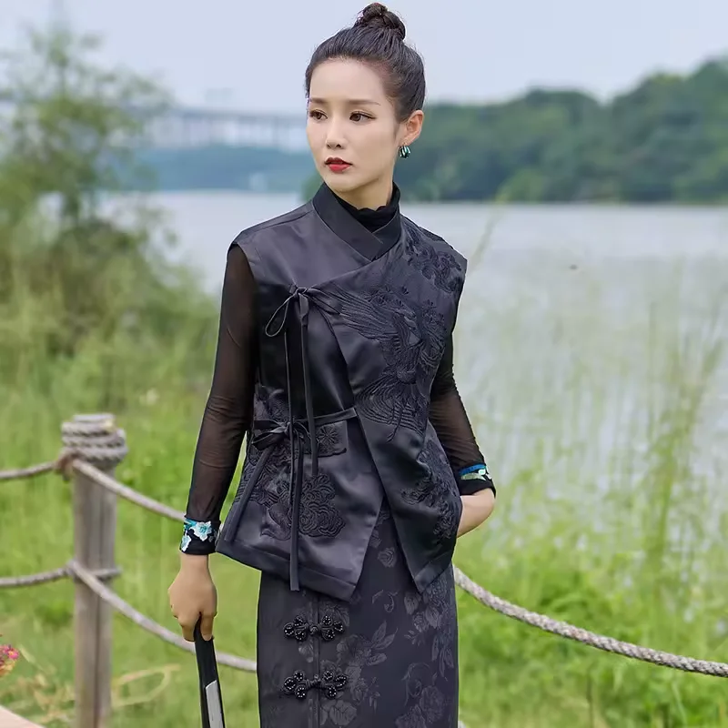 วินเทจสไตล์จีนOuterwearเสื้อกั๊กสีขาวCrane/ดอกไม้ปักLacingเสื้อฤดูใบไม้ผลิและฤดูร้อนผู้หญิงเสื้อผ้า