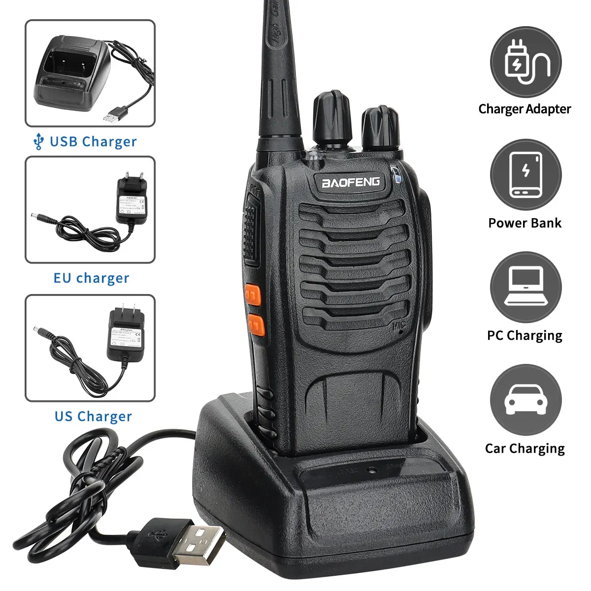 2 uds Baofeng BF-888S Walkie Talkie UHF 400-470MHz 888s 100km2 Radios Ham bidireccionales de largo alcance transceptor USB para caza