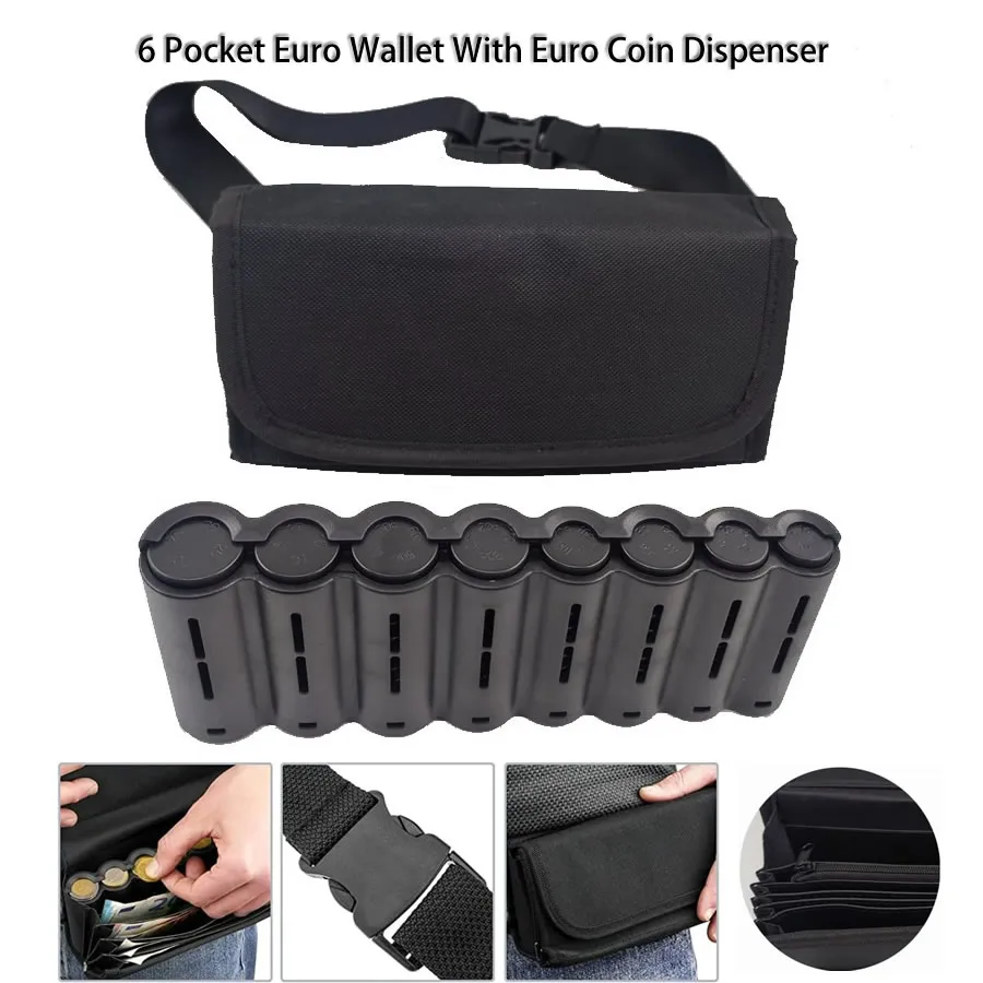 6 poches Euro portefeuille Fanny Pack taille sac 8 fentes Euro porte-monnaie distributeur pour serveur conducteur caissier argent factures coffre-fort