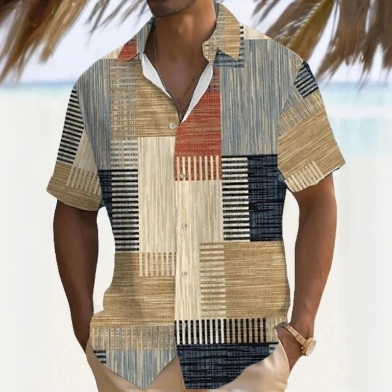 Vintage Men's Shirt Color Block Patchwork Printed Shirts Oversized Casual Short-Sleeved Summer Streetwear Men Clothing Tees Tops