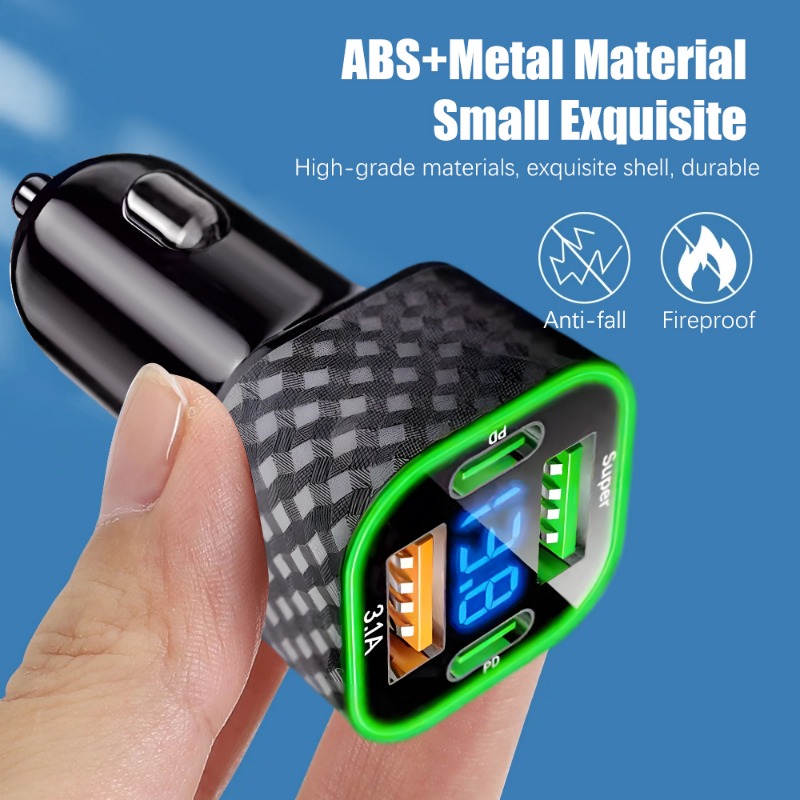 380W Super Charger USB Car Phone Charger Dual PD 4 in 1 with Voltage Display Super Fast Charge Adapter for IPhone Xiaomi Samsung