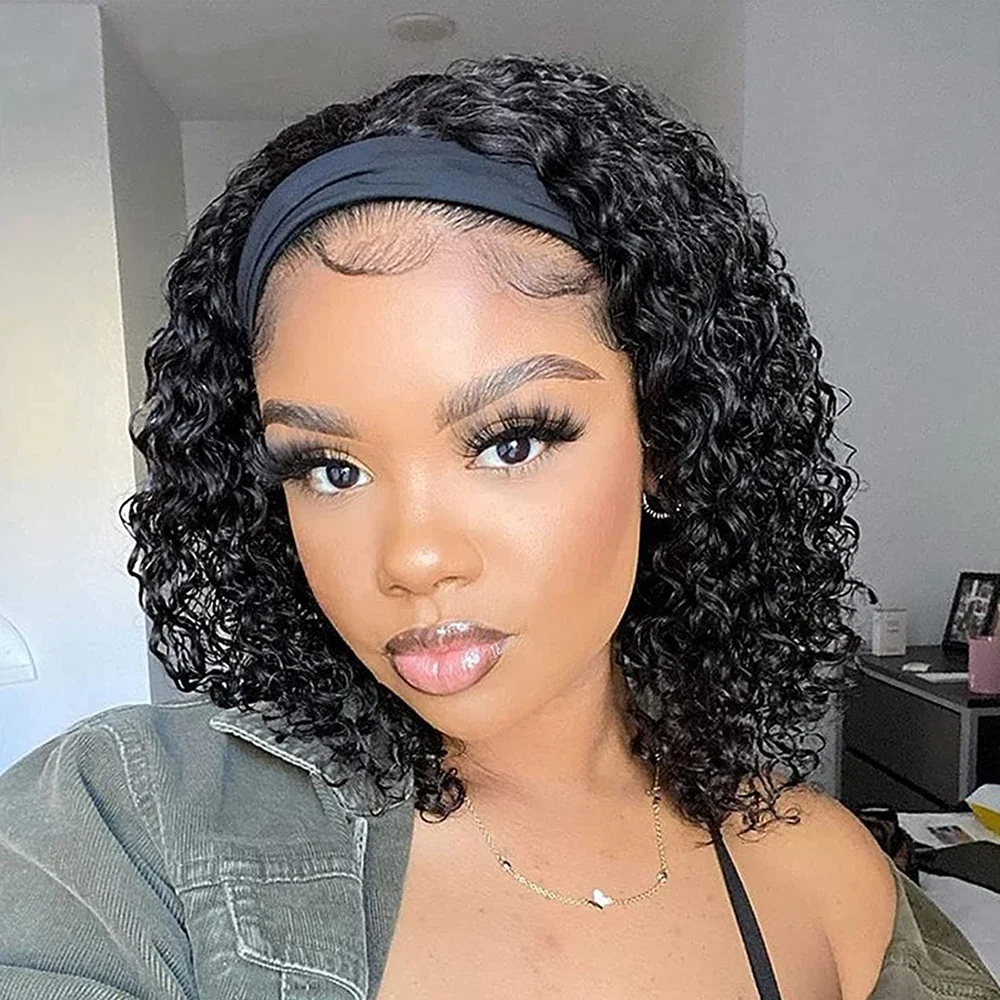Brasileiro kinky encaracolado bandana perucas usar e ir sem cola peruca de cabelo humano completa máquina feita curto bob encaracolado perucas para mulher 180%