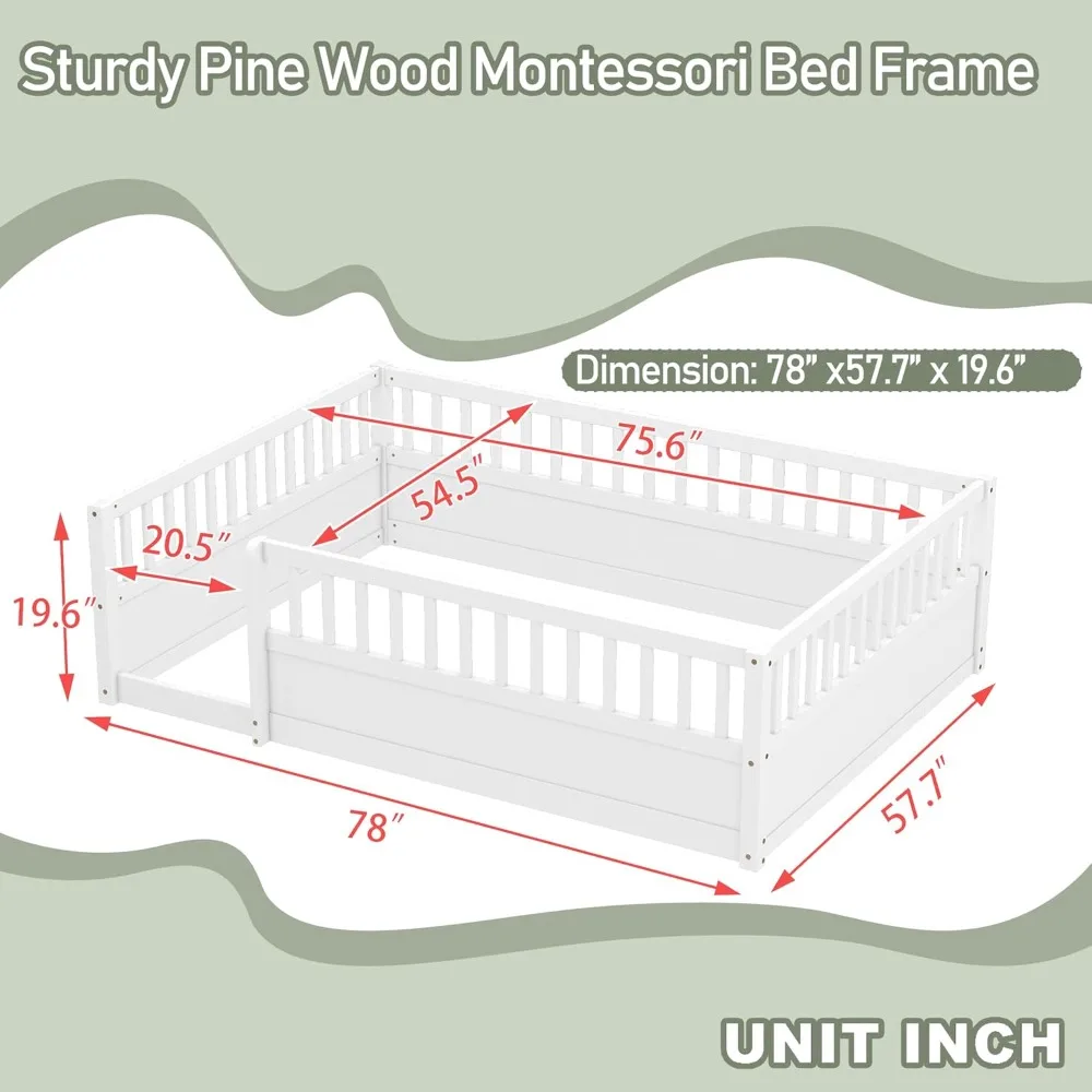 Full Size Floor Bed Frame with 19.6" High Fence, Solid Wood Low Platform Floor Bed Full for Kids, No Box Spring Needed