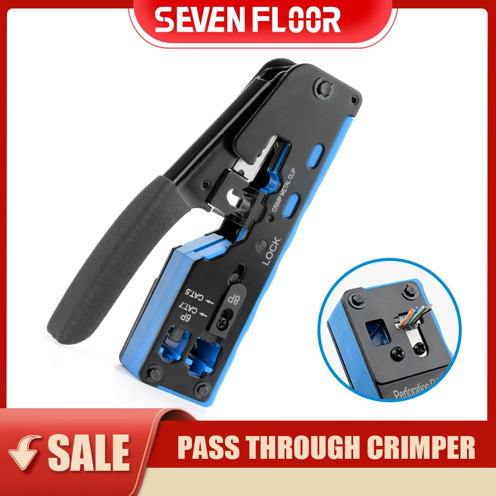 Ethernet All-in-one Wire Tool RJ45 Crimp Plier Pass Through Crimper Stripper Cutter for Cat7 Cat6 Cat5e 8P8C Modular Connector