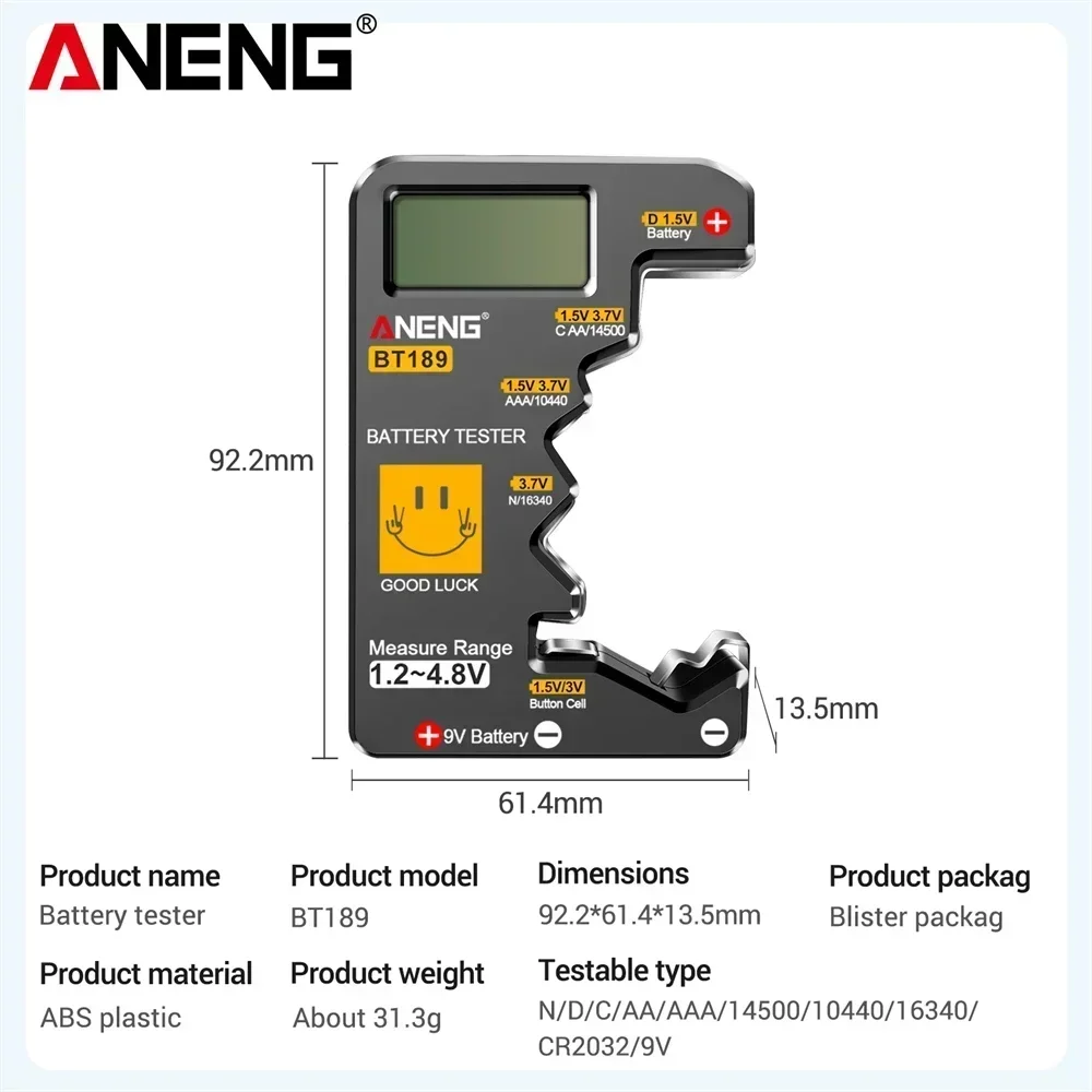 Probador de batería Digital ANENG BT189 voltios para 9V AA AAA C D pila de botón varios tamaños probador de batería Universal para el hogar