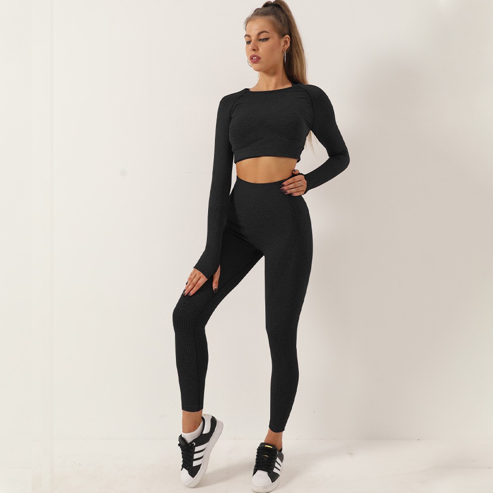 Conjunto de Yoga sin costuras para mujer, traje deportivo, ropa de entrenamiento, Top corto de manga larga para gimnasio, mallas de cintura alta, ropa deportiva para Fitness, 2 uds.