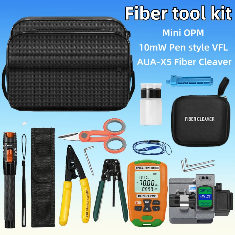 FTTH-Kit de herramientas de fibra óptica con AUA-X5, pelacables de fibra, Mini medidor de potencia óptica, probador de 10mW, localizador Visual de fallas VFL