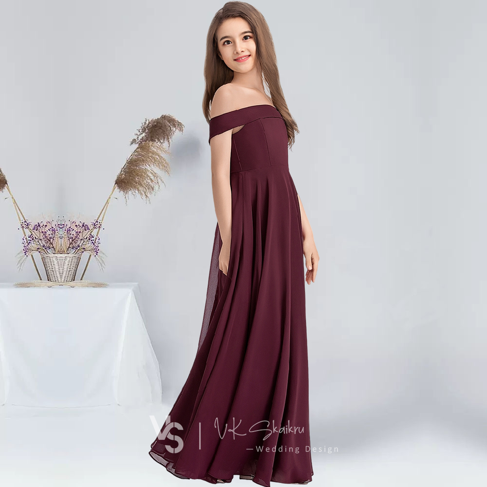 A-Linie, schulterfrei, bodenlang, Chiffon, Junior-Brautjungfernkleider, Cabernet, Blumenmädchenkleid, Hochzeit, Junior-Partykleid