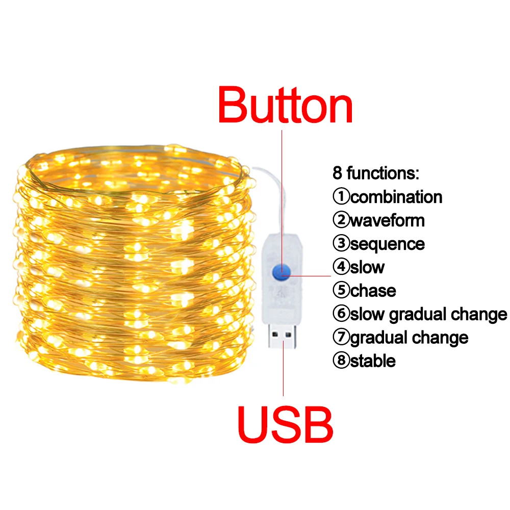 USB LED 구리 와이어 요정 조명, 방수 크리스마스 조명, 화환 웨딩 파티, 휴일 DIY 장식, LED 스트링 조명, 8 가지 모드