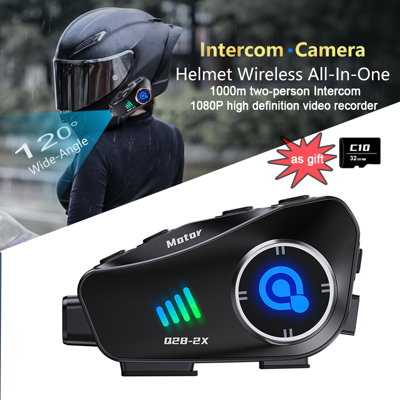 Q28-2X Motorradhelm Bluetooth Intercom Wasserdichtes Headset mit 1080P HD-Fahrrekorder Drahtlose Kamera Moto Interphone