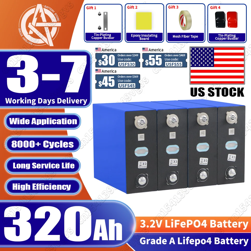Grade A 3.2V 320AH Lifepo4 Battery Rechargeable Lithium Iron Phosphate  DIY 12V 24V 48V for Camping Boats Golf Cart RV Forklift