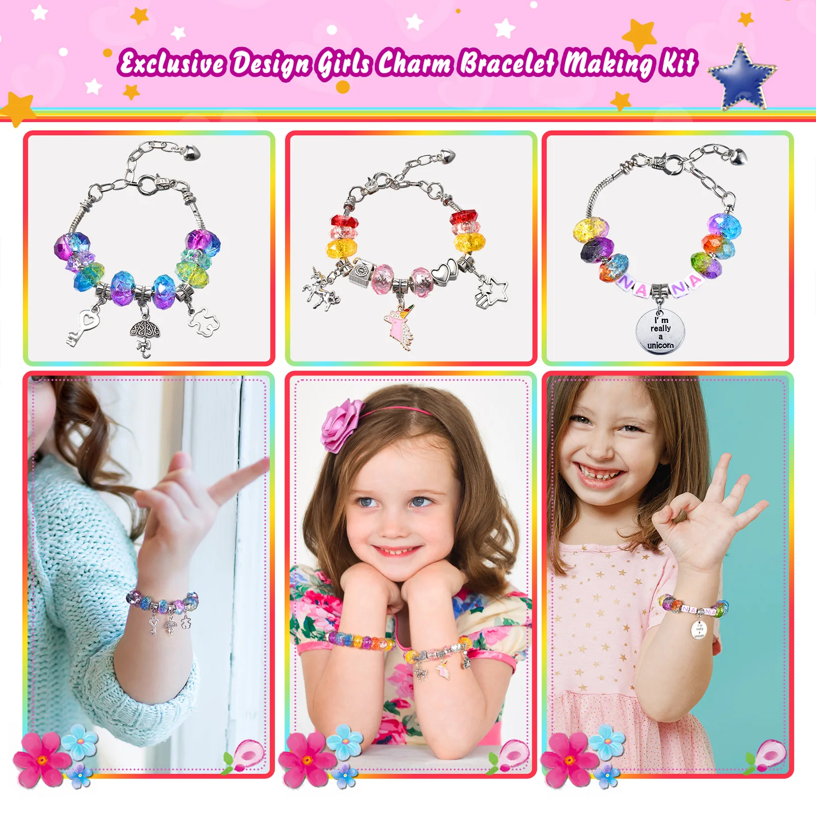 218 ชิ้น DIY สาว Charm สร้อยข้อมือสร้อยคอชุดสําหรับเครื่องประดับเด็กยูนิคอร์นอุปกรณ์ Make ความคิดสร้างสรรค์ศิลปะหัตถกรรมชุด