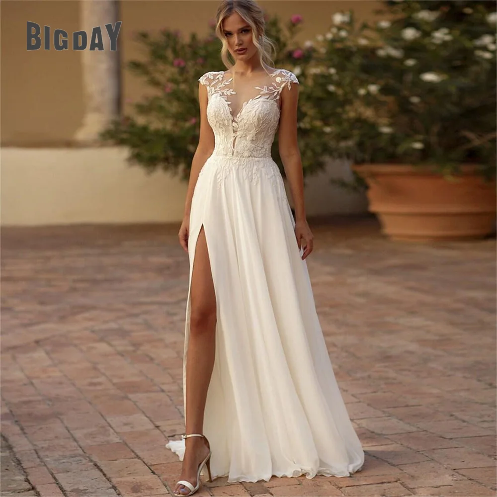 Elegante abito da sposa in pizzo Boho in chiffon O-Collo Illusion Back Side Split Applique Abito da festa da sposa Abiti da sposa personalizzati